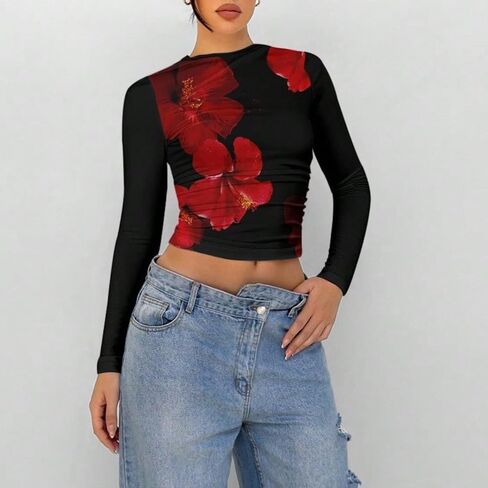 Women Y2k Floral Print Crop Top Long Sleeve Crew Neck Ruched Slim Fit Coquette Going Out Crop Tee Shirt T in Kuwait