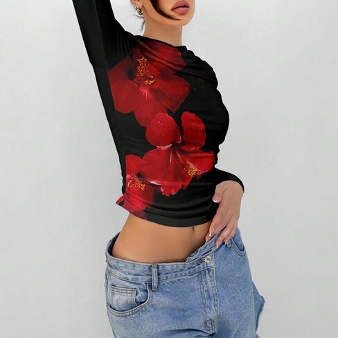 Women Y2k Floral Print Crop Top Long Sleeve Crew Neck Ruched Slim Fit Coquette Going Out Crop Tee Shirt T in Kuwait