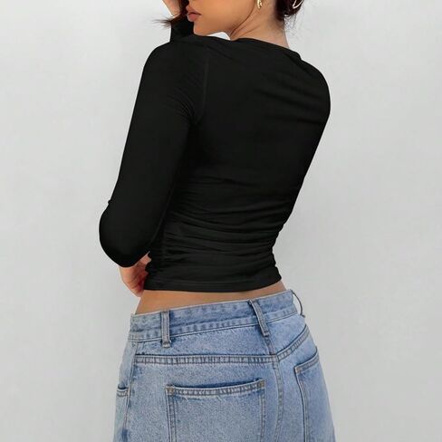 Women Y2k Floral Print Crop Top Long Sleeve Crew Neck Ruched Slim Fit Coquette Going Out Crop Tee Shirt T in Kuwait