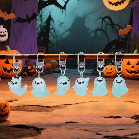 6pcs Halloween Keychain Gifts, Cool Glow in The Dark Ghost Keyring Spooky Horror Key Chains Purse Charm Stuff Halloween Christmas Boo Basket Stuffers for Women Teen Girls in Saudi Arabia