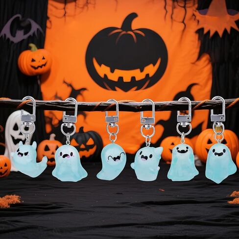 6pcs Halloween Keychain Gifts, Cool Glow in The Dark Ghost Keyring Spooky Horror Key Chains Purse Charm Stuff Halloween Christmas Boo Basket Stuffers for Women Teen Girls in Saudi Arabia