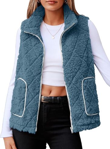 Glamaker Womens Fleece Sherpa Vest Casual Lightweight Outerwear Zip Up Sleeveless Jacket With Pockets in Kuwait
