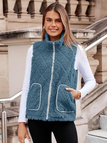 Glamaker Womens Fleece Sherpa Vest Casual Lightweight Outerwear Zip Up Sleeveless Jacket With Pockets in Kuwait