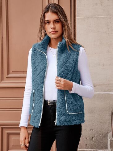 Glamaker Womens Fleece Sherpa Vest Casual Lightweight Outerwear Zip Up Sleeveless Jacket With Pockets in Kuwait