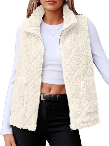 Glamaker Womens Fleece Sherpa Vest Casual Lightweight Outerwear Zip Up Sleeveless Jacket With Pockets in Kuwait