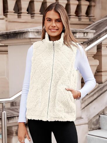 Glamaker Womens Fleece Sherpa Vest Casual Lightweight Outerwear Zip Up Sleeveless Jacket With Pockets in Kuwait