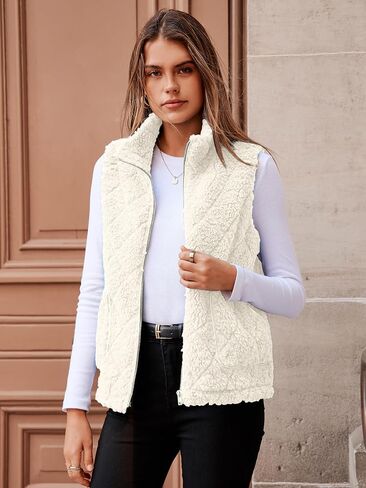 Glamaker Womens Fleece Sherpa Vest Casual Lightweight Outerwear Zip Up Sleeveless Jacket With Pockets in Kuwait