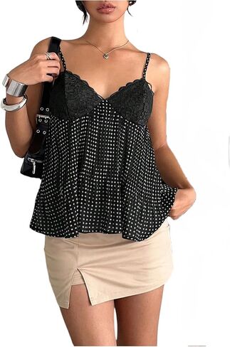 Milumia Women's Lace Polka Dots Cami Tops Y2k Spaghetti Strap Peplum Top in Saudi Arabia