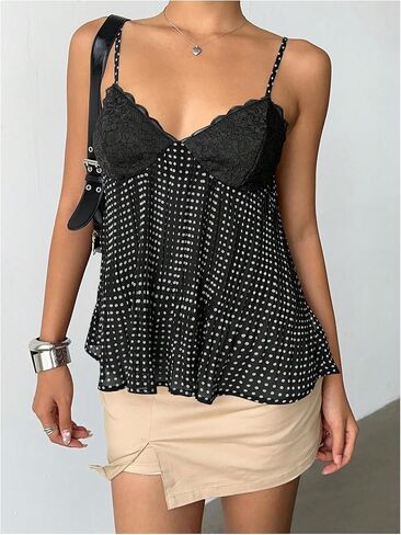 Milumia Women's Lace Polka Dots Cami Tops Y2k Spaghetti Strap Peplum Top in Saudi Arabia