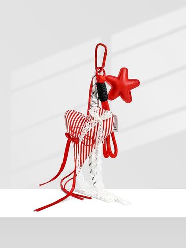 Plush Heart with Lace Bag Charms, Luxury Striped Bowknot Keychain,Backpack Purse Pendant Accessories Gifts Keyrings in Saudi Arabia
