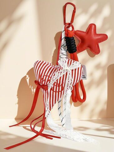 Plush Heart with Lace Bag Charms, Luxury Striped Bowknot Keychain,Backpack Purse Pendant Accessories Gifts Keyrings in Saudi Arabia