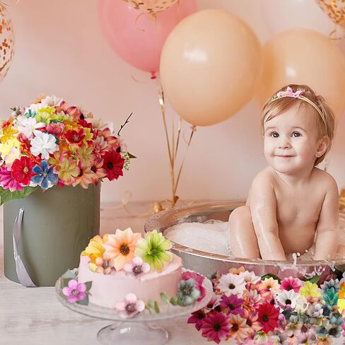 100 Pcs Faux Flower Heads Artificial Flowers Mini Rose Daisy Peony Plum Blossom Flowers Fabric Flowers DIY Flower Decoration Artificial Daisy Craft for Wedding Home Garland, 4.5 Cm, 2 cm in Kuwait