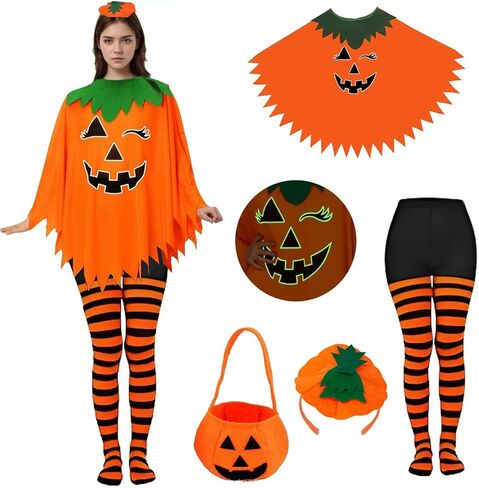 Pumpkin Costume Women,4PCS Pumpkin Poncho with Headband Sock and Candy Bag for Halloween Costume in Saudi Arabia