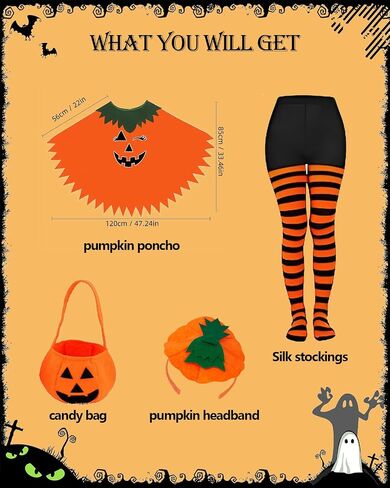 Pumpkin Costume Women,4PCS Pumpkin Poncho with Headband Sock and Candy Bag for Halloween Costume in Saudi Arabia