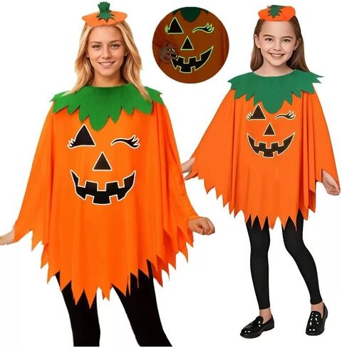 Pumpkin Costume Women,4PCS Pumpkin Poncho with Headband Sock and Candy Bag for Halloween Costume in Saudi Arabia