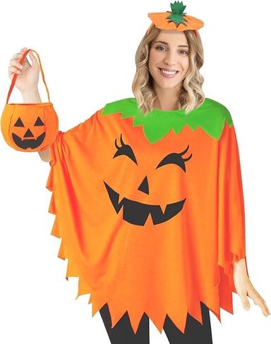 Pumpkin Costume Women,4PCS Pumpkin Poncho with Headband Sock and Candy Bag for Halloween Costume in Saudi Arabia