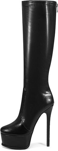platform black knee high boots for women skinny round toe back zipper Stilettos heels Large size unisex wide calf boots in Saudi Arabia