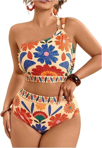 SOLY HUX Plus Size Bikini Sets for Women Floral Print One Shoulder High Waisted Bathing Suit Two Piece Swimsuit in Saudi Arabia