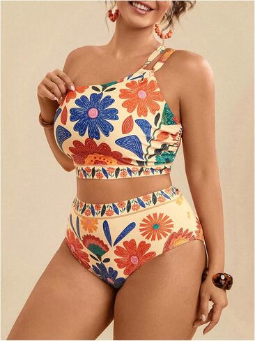 SOLY HUX Plus Size Bikini Sets for Women Floral Print One Shoulder High Waisted Bathing Suit Two Piece Swimsuit in Saudi Arabia