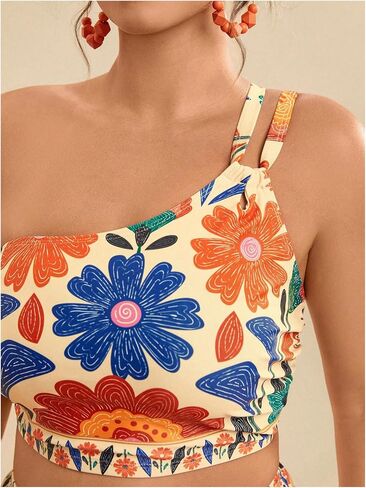 SOLY HUX Plus Size Bikini Sets for Women Floral Print One Shoulder High Waisted Bathing Suit Two Piece Swimsuit in Saudi Arabia