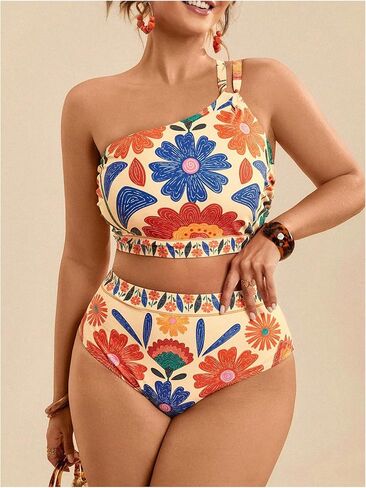 SOLY HUX Plus Size Bikini Sets for Women Floral Print One Shoulder High Waisted Bathing Suit Two Piece Swimsuit in Saudi Arabia