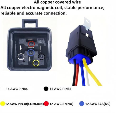 مرحل السيارات Losauto 40/30 Ampere 24 Volt DC، مع موصل أسلاك 5-core، سلك نحاسي مجلفن شديد التحمل 12/16AWG، سلك نحاسي مجلفن 5-core SPDT Pure Copper Coil مقاوم للماء. مجموعة مكونة من 5 قطع. in Kuwait