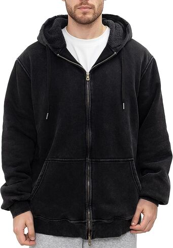 Men's Acid Wash Fleece Sherpa Lined Hoodie Jacket Winter Warm Zip Up Hoodies Heavyweight Vintage Sweatshirt Coat in Saudi Arabia