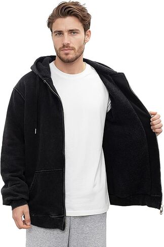 Men's Acid Wash Fleece Sherpa Lined Hoodie Jacket Winter Warm Zip Up Hoodies Heavyweight Vintage Sweatshirt Coat in Saudi Arabia