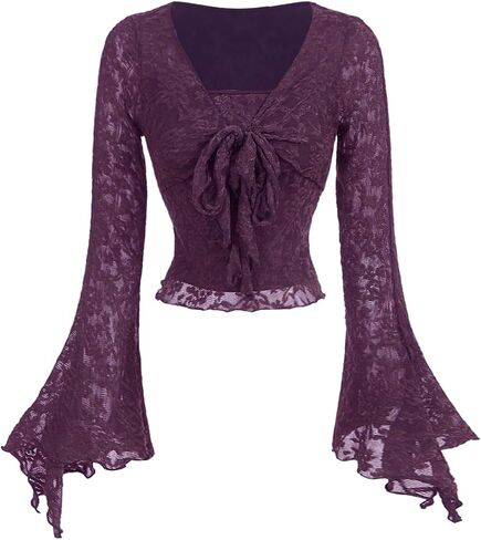 GORGLITTER Women's Lace Bell Sleeve Top Tie Front V Neck Going Out Crop Tops in Kuwait