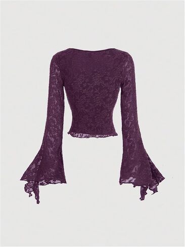 GORGLITTER Women's Lace Bell Sleeve Top Tie Front V Neck Going Out Crop Tops in Kuwait