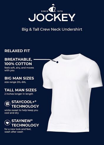 Jockey Men's Undershirt Big & Tall Classic Crew Neck Undershirt- 6 Pack, White, 2XL in Saudi Arabia
