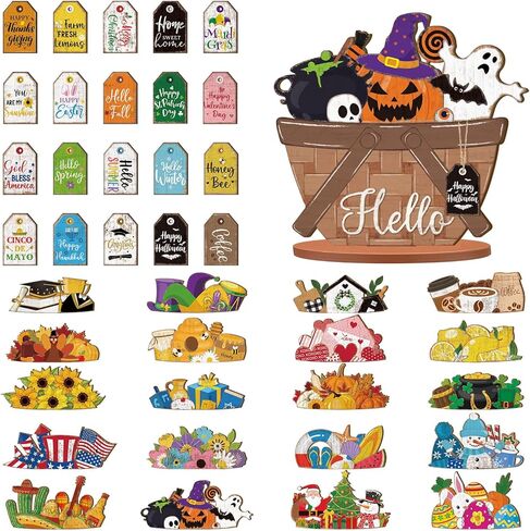 Anglechic 42 قطعة سلة زهور صغيرة قابلة للتبديل، علامة موسمية للعطلات، مجموعة ديكور صينية للعطلات، خشب ريفي قابل للاستبدال، DIY معلق على شكل قطرة مكتب منزلي، زخرفة ترحيبية، هدايا عيد ميلاد شتوية in Kuwait