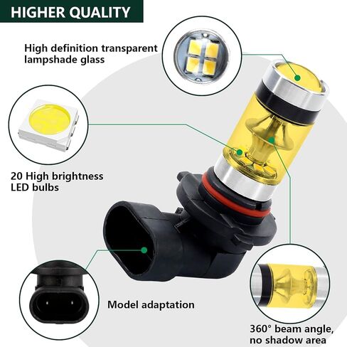 قطعتان من المصابيح الأمامية 9005/9006 LED لمبة الضباب، 9005/9006 LED لمبة المصباح الأمامي منخفضة الشعاع، 6500K 12V ضوء الضباب للسيارة، 100W أضواء النهار الجري، المصابيح الأمامية لمعظم المركبات بداية سريعة (أصفر) in Kuwait
