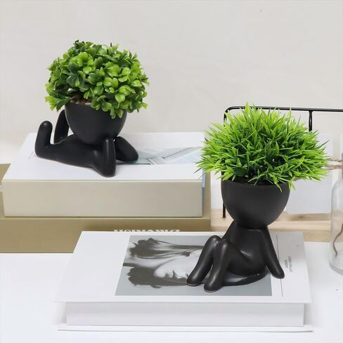 Makhot 4pcs لطيف النباتات المصطنعة المصطنعة النضرة مع الأواني البشرية الإبداعية ، النباتات المزيفة الصغيرة لمكتب مكتب الجرف الزخرفة منزل المكتب (أسود) in Kuwait