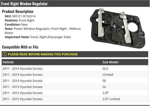 Front Right Passenger Side Power Window Regulator - Compatible with 2011-2014 Hyundai Sonata in Saudi Arabia