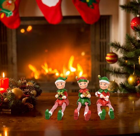 Gift Boutique Christmas Elves Figurines Table Top Decor Set of 3 Resin Sitting Elf with Dangling Legs Tabletop Decoration for Indoor in Saudi Arabia