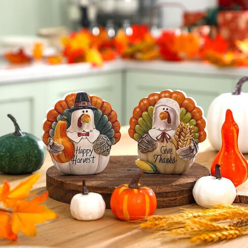 Menkxi 2 Pcs Thanksgiving Turkey Figurines Wooden Turkey Decor for Home Fall Harvest Indoor Table Centerpieces for Autumn Fall Thanksgiving Home Office Desk Party Supplies in Saudi Arabia