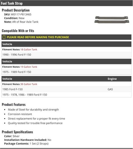 Fuel Tank Strap - Set of 2 - Compatible with 1975-1996 Ford F-150 Gas in Saudi Arabia