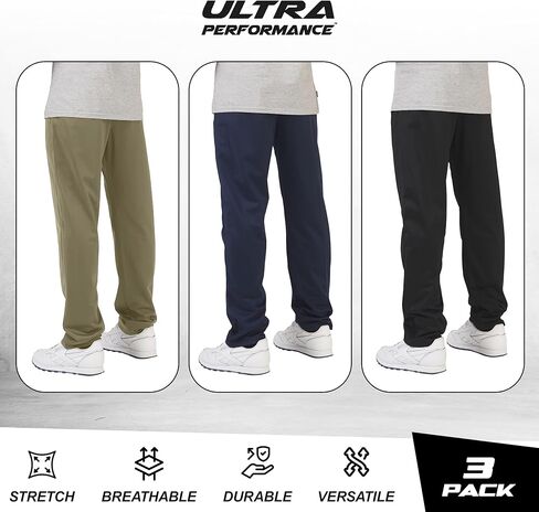 Ultra Performance 3 Pack Mens Athletic Open Bottom Sweatpants Active Track Pants Casual Tricot Wide Leg Sweat Pants for Men in Kuwait