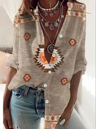 Women Bohemian Style Summer Beach Long Sleeve Printed Vacation Casual with Ethnic Patterns in Saudi Arabia