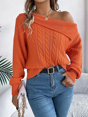 LemonGirl Womens 2025 Knit Pullover Long Sleeve with Fold Over Collar Fall Casual Trendy Sweater in Kuwait