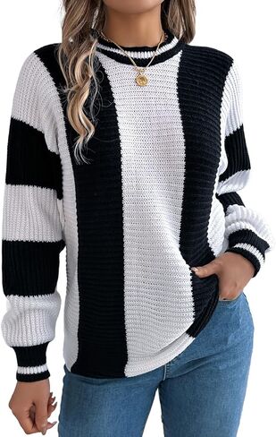 Kinghua سترة كتلة الألوان للنساء خريف شتاء عادية مخطط Crewneck البلوز متماسكة البلوزات Y2k لطيف in Kuwait