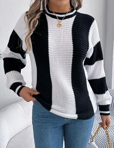 Kinghua سترة كتلة الألوان للنساء خريف شتاء عادية مخطط Crewneck البلوز متماسكة البلوزات Y2k لطيف in Kuwait