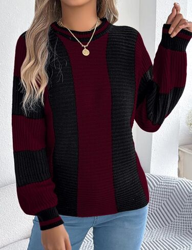 Kinghua سترة كتلة الألوان للنساء خريف شتاء عادية مخطط Crewneck البلوز متماسكة البلوزات Y2k لطيف in Kuwait