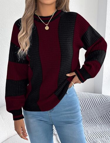 Kinghua سترة كتلة الألوان للنساء خريف شتاء عادية مخطط Crewneck البلوز متماسكة البلوزات Y2k لطيف in Kuwait