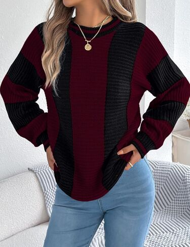 Kinghua سترة كتلة الألوان للنساء خريف شتاء عادية مخطط Crewneck البلوز متماسكة البلوزات Y2k لطيف in Kuwait