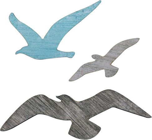 3pcs Wood Seagull Wall Decor, Nautical Coastal Theme Wall Art Self Adhesive Sea Birds Lake House Beach Ocean Decoration Vintage Ornaments for Home Bathroom Living Room in Saudi Arabia
