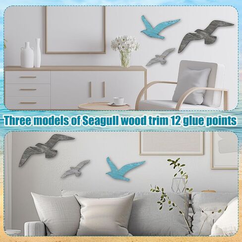 3pcs Wood Seagull Wall Decor, Nautical Coastal Theme Wall Art Self Adhesive Sea Birds Lake House Beach Ocean Decoration Vintage Ornaments for Home Bathroom Living Room in Saudi Arabia