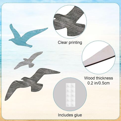 3pcs Wood Seagull Wall Decor, Nautical Coastal Theme Wall Art Self Adhesive Sea Birds Lake House Beach Ocean Decoration Vintage Ornaments for Home Bathroom Living Room in Saudi Arabia