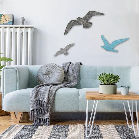 3pcs Wood Seagull Wall Decor, Nautical Coastal Theme Wall Art Self Adhesive Sea Birds Lake House Beach Ocean Decoration Vintage Ornaments for Home Bathroom Living Room in Saudi Arabia